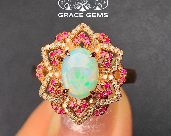 Flower Shape Genuine Opal Engagement Ring in solid 18k/14k Rose Gold with diamond&ruby/Australian Raw Opal Wedding ring/Mother's Day gift