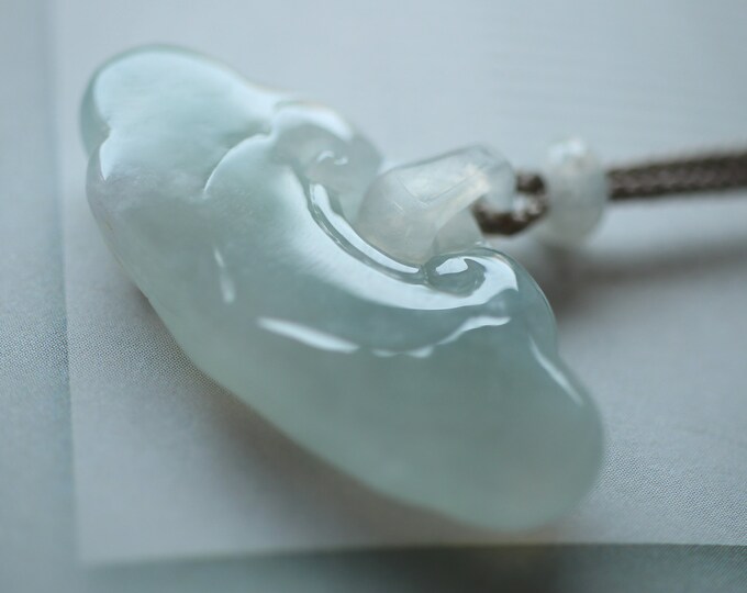 Unique Carved Natural Myanmar Icy Green Jadeite Jade Pendant with Hand knitting Rope/One of a kind Jade Capochon/Egyptian Jewelry/Real Jade