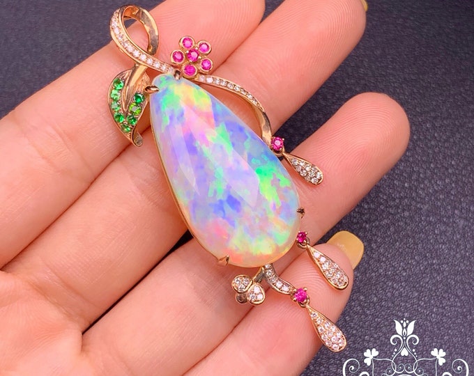 Luxurious Huge Stone Genuine Opal Pendant in Solid Rose Gold with Diamonds Rubies Emeralds/Unique DesignRaw Stone Boulder Fire Opal Necklace