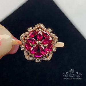 18k Rose Gold Mozambique Ruby Ring: Art Deco Diamond Halo/,high end gift,everyday luxury,custom fine ruby,ethically sourced ruby jewelry