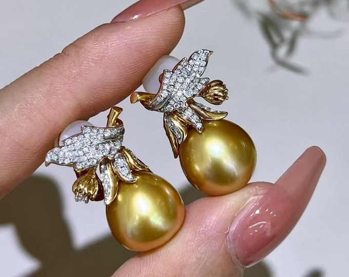 13mm 18k gold Real Golden South Sea Pearl Earrings/Engagement wedding saltwater pearl studs with diamond/Certified Pear handmade earrings