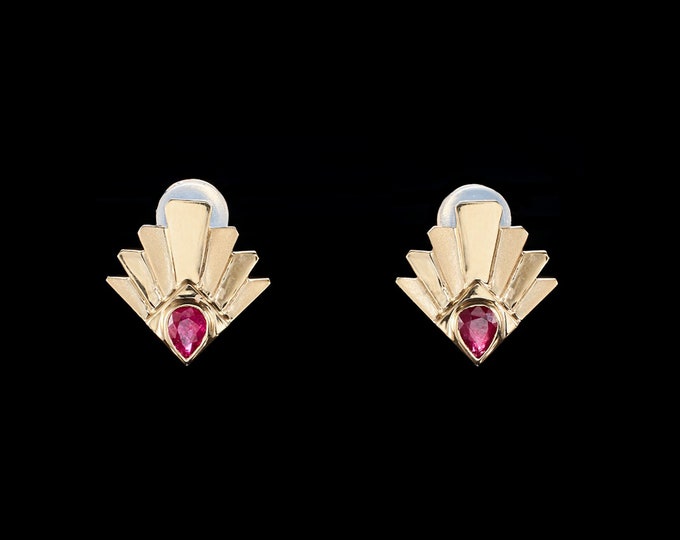 18k yellow gold natural pear shape Mozambique ruby earrings/Certified genuine ruby studs/Unique Viking earrings/Unique birthday anniversary