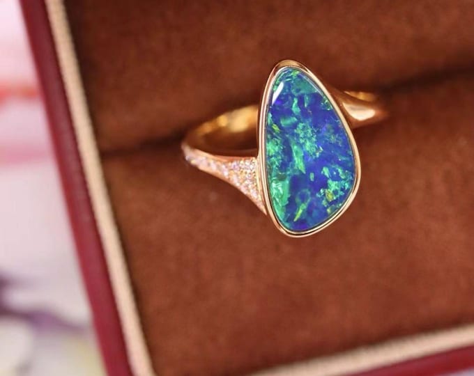 Top notch Natural Australian Blue Opal Ring in Solid 18k Yellow Gold/Boulder Opal Engagement Wedding ring Mother's Day anniversary jewelry