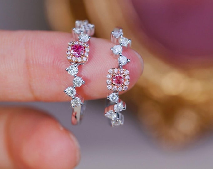 18k White Gold Pink Diamond Halo Ring: Genuine Untreated Diamond Band