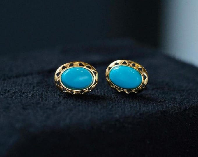 Real natural Turquoise studs in 18k solid gold/Cabochon natural turquoise earrings women/unique handmade fine stud earrings women/minimalist