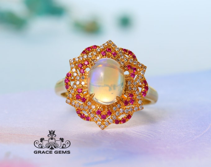 Flower Shape Genuine Opal Engagement Ring and solid 18k/14k Rose Gold with diamonds & rubies/Australian Opal Wedding ring/Unique raw Opal