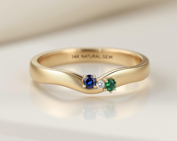 Minimalist gold two tone sapphire emerald wedding band/curvey birthstone band/unique handmade fine ring/personalized matching stacking band