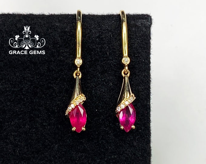 18k Solid Rose gold Natural Marquise Ruby earrings/Unheated hook ruby studs/Designer ruby earrings/Unique ruby gift for her/Anniversary gift
