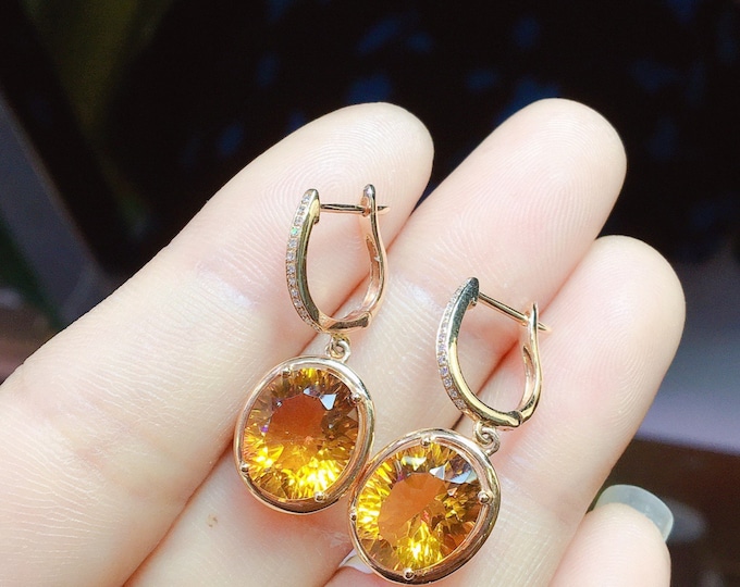 18k rose gold natural Citrine earrings/Bezel engagement wedding earrings with diamonds/Citrine Promise Gift for her/Birthday gift/Birthstone
