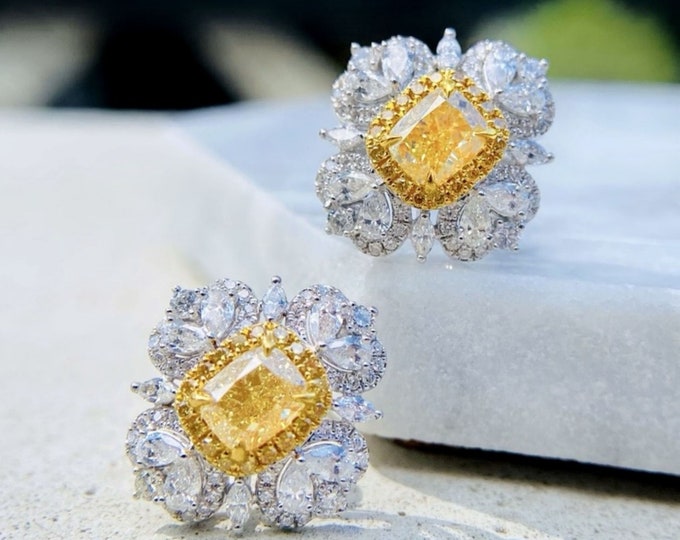 18k white gold natural yellow diamond earrings/Real yellow diamond stud/Luxurious gift for her/Art Deco anniversary gift/Elegant diamond