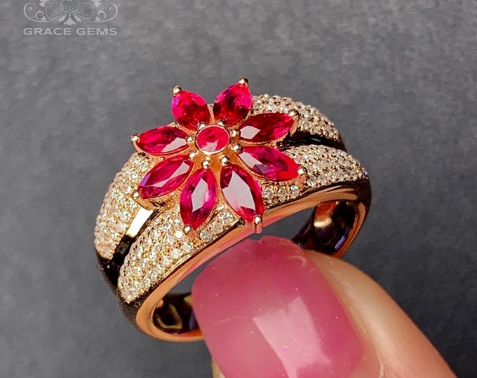 18k rose gold real ruby engagement ring pendant/Pigeon blood natural ruby ring antique/Unique ruby proposal ring for women/Diamond halo ring