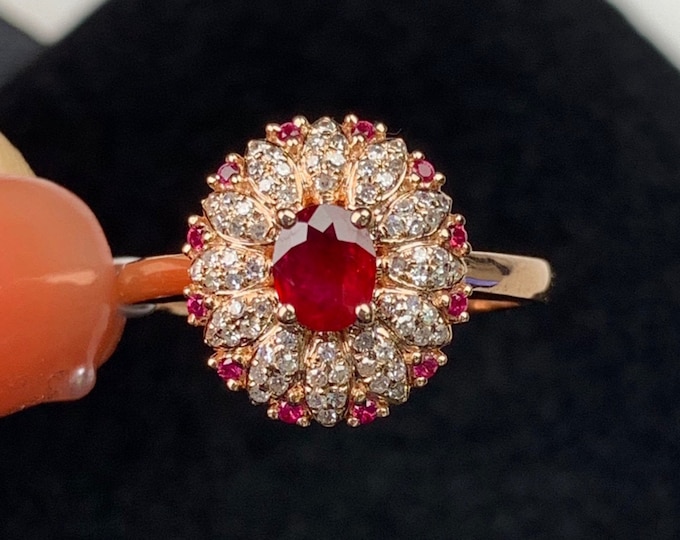 Classic Mozambique natural raw ruby ring/18k rose gold ruby engagement ring with diamond halo/antique ruby ring/art deco real ruby ring