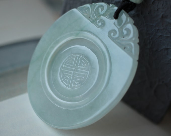 Unique Carved Natural Myanmar Vivid Green Jadeite Pendant with Hand knitting Rope/One of a kind Anniversary/Egyptian Jewelry/Untreated Jade
