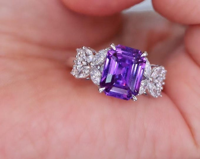 18k solid white Gold Certified Natural Padparadscha Purple Sapphire Engagement Ring with Diamond/Purple sapphire fine ring/Vintage Art