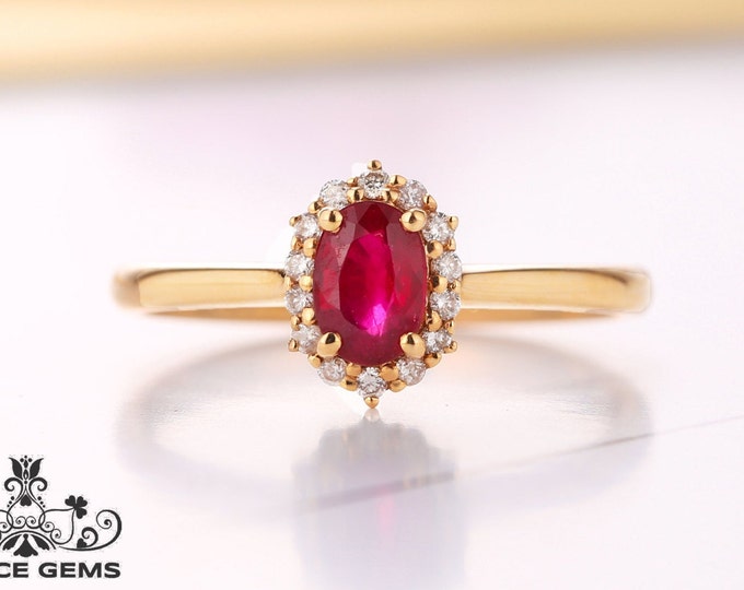 18K Gold ruby engagement ring/Natural Ruby Ring and Diamond halo ruby wedding ring for women/Ruby ring antique/Dainty ruby ring/Bridal ruby