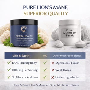 K&ouml;nnte beinhalten: Ein Produktvergleichsbild mit zwei Beh&auml;ltern mit Pilzpr&auml;paraten. Der linke Beh&auml;lter tr&auml;gt die Aufschrift "Brain Health Lion's Mane Mishroom", der rechte Beh&auml;lter "Other Mushroom Blends". Eine Tabelle hebt die Vorteile des Produkts "Life & Earth" hervor.