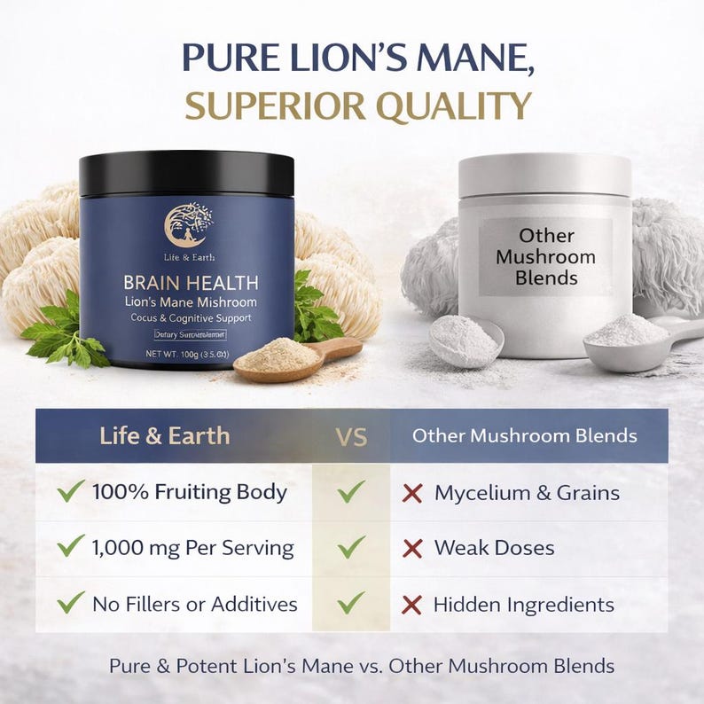 K&ouml;nnte beinhalten: Ein Produktvergleichsbild mit zwei Beh&auml;ltern mit Pilzpr&auml;paraten. Der linke Beh&auml;lter tr&auml;gt die Aufschrift "Brain Health Lion's Mane Mishroom", der rechte Beh&auml;lter "Other Mushroom Blends". Eine Tabelle hebt die Vorteile des Produkts "Life & Earth" hervor.
