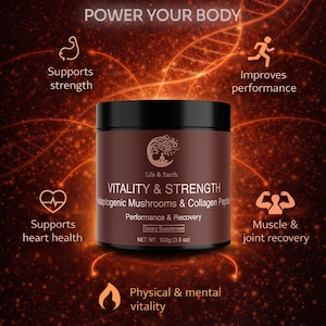 Peut inclure: Pot marron de supplément alimentaire "VITALITY & STRENGTH" aux champignons adaptogènes et peptides de collagène. La marque "Life & Earth" est visible, avec des bénéfices comme la récupération musculaire. Poids net : 100g.