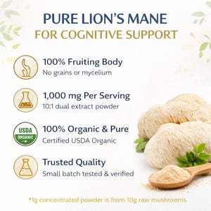 K&ouml;nnte beinhalten: Bild von Pure Lion's Mane zur kognitiven Unterst&uuml;tzung. Das Bild zeigt Text, der die wichtigsten Merkmale hervorhebt: 100 % Fruchtk&ouml;rper, 1.000 mg pro Portion, 100 % Bio & rein und vertrauensw&uuml;rdige Qualit&auml;t. Das Bild zeigt auch einen Holzl&ouml;ffel mit Pulver und mehrere L&ouml;wenm&auml;hnenpilze.