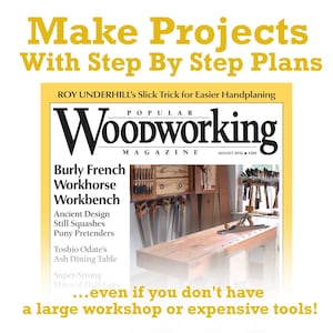 Può includere: Una copertina di rivista per Popular Woodworking Magazine, agosto 2010, con una foto di un banco da lavoro in legno con strumenti appesi al muro. Il testo della copertina recita "Burly French Workhorse Workbench...even if you don't have a large workshop or expensive tools!"