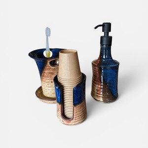 Made to Order: Reactive Blue Ceramic Bathroom Set | Handmade Soap Dispenser, Dixie Cup Holder & Toothbrush Holder