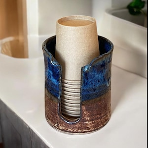 Waterfall Blue and Rustic Cream 3-Ounce Ceramic Handmade Dixie Cup Holder - Stylish Dispenser for Your Solo or Dixie Cups