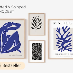 Henri Matisse Inspired Gallery Wall, Minimalist Print Art, Poster set of 4, Blue, Modern Living Room, Bedroom Art, Abstract Poster,Gift