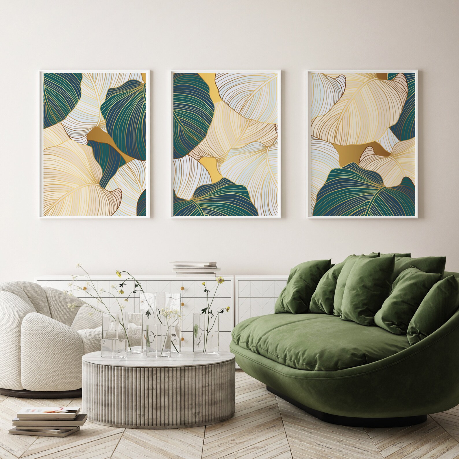 Green and Gold Leaves Set of 3 Prints Minimalist Wall Art Etsy