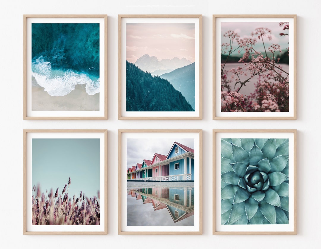 Nature Wall Art Set of 6 Photography Art Prints in Pastel Colour Blue