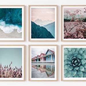 Nature wall art set of 6 photography art prints in pastel colour blue and pink tones