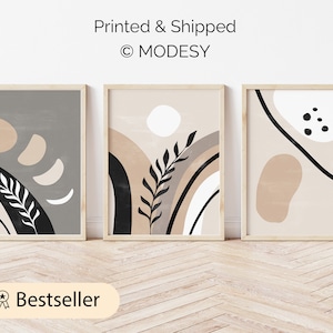 Minimalist bohemian art set, 3 abstract posters, large prints, beige and grey colours