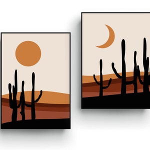 Minimalistische Druck Kunst, Sonne und Mond, Kaktus Druck, Poster-Set von 2, Wüste, Erde Ton Farbe, skandinavische Kunst, Wohnzimmer Kunst, Schlafzimmer Kunst