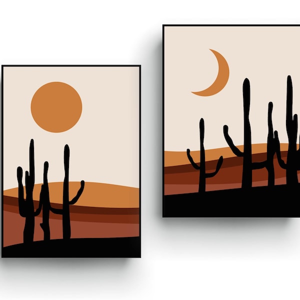 Minimalist Print Art, Sun and Moon, Cactus print, Poster set of 2, Desert, Earth tone colour, Scandinavian Art, Living room art, Bedroom art