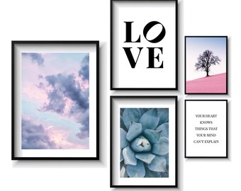 Love gallery wall set, Romantic bedroom wall art, Pastel color poster set, Pink print art, Clouds poster, Nature, Minimalist wall art, quote