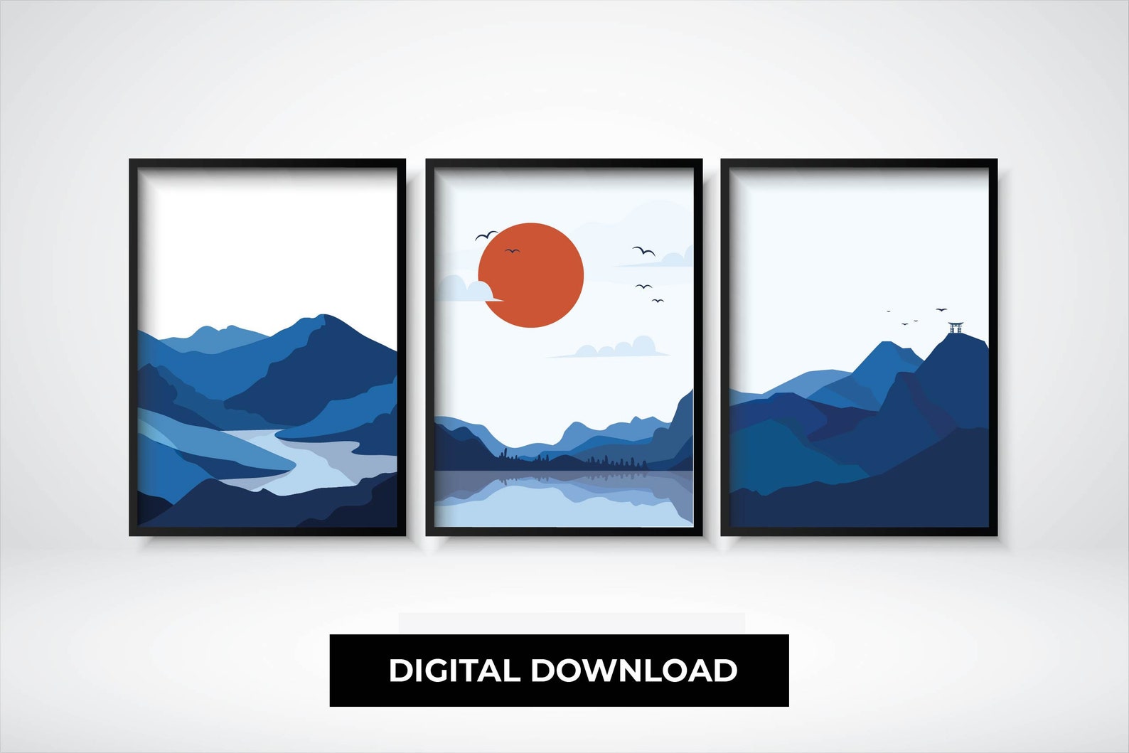 Japanese Wall Art, Landscape Print, Blue Art Print, 3 Print Set ...