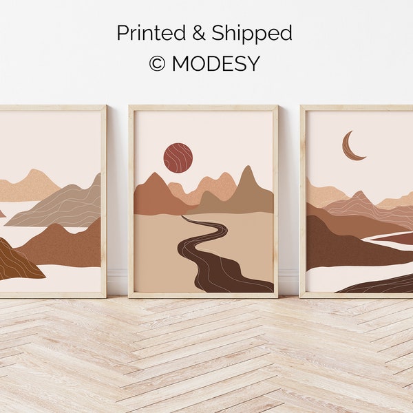 Minimalist Wall Art, Boho Prints, Mid century Modern Art, Brown Beige, 3 Print Set, Mountain Prints, Sun Moon, Bedroom Art, Living room Art