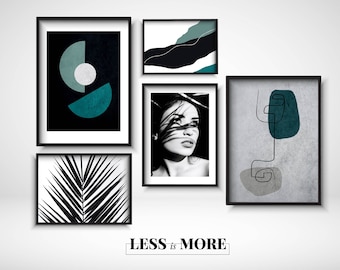 Modern gallery wall, green and black wall art set of 5 posters