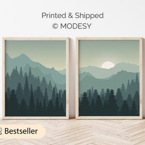 Natur Wandkunst, Berglandschaft, Minimalistische Wandkunst, Sonnenaufgang Druck, Grün, Wald, Schlafzimmer Wandkunst, Wohnzimmer Kunst, 2 Druck Set