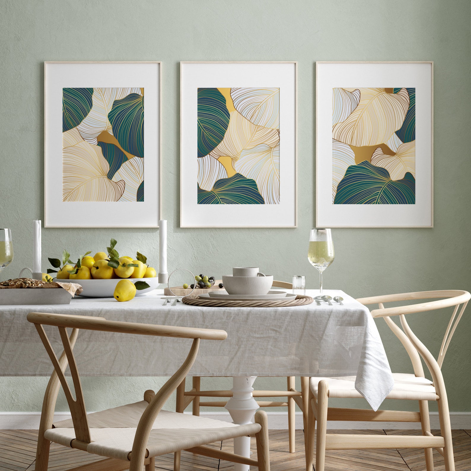 Green and Gold Leaves Set of 3 Prints Minimalist Wall Art Etsy