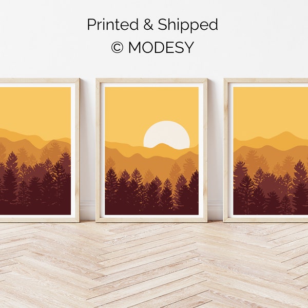 Sunset forest mountain landscape print set of 3