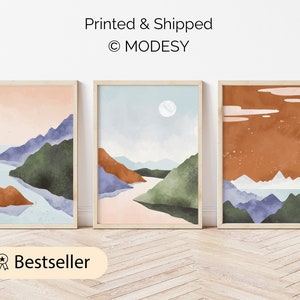 Minimalist wall art, set of 3 posters, mountain landscape, pastel colours, graphic art, Scandinavian design, modern print, living room decor