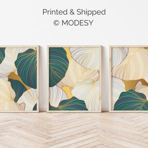 Grüne und goldene Blätter, 3er-Set Drucke, minimalistische Wandkunst, tropisch, moderne Mid Century-Kunst, Wohnzimmerkunst, Luxusposter, Natur