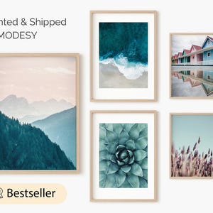 Juego de pared de galería, arte de pared de naturaleza, flor de cactus, arte de dormitorio, carteles en colores pastel, juego de 5 carteles, rosa y azul, sala de estar, montaña