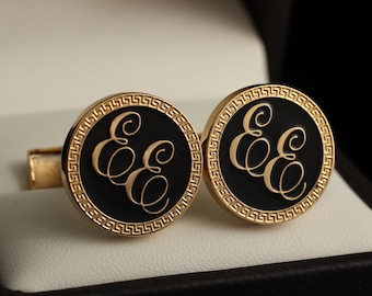 Oriental Style Husband Cufflinks Gift Jewelry Initials Golden with Black Accessories Personalised Engraved Boyfriend Cuff links gift