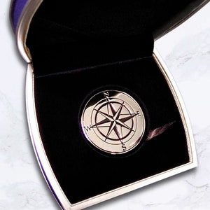 Moeda de bússola de prata personalizada, moeda de presente masculina personalizada, bússola de prata esterlina 925 para ele, presente colecionável de aniversário gravado