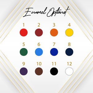May include: A chart showing 12 enamel color options for a product. The colors are numbered 1 through 12. The colors are red, maroon, orange, yellow, green, blue, dark blue, navy, purple, brown, black, and white.