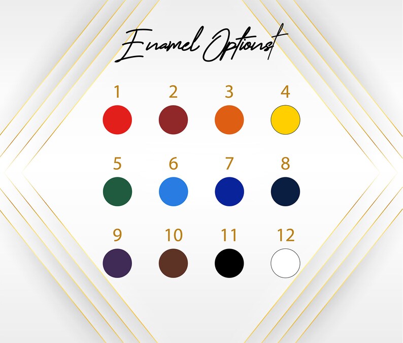 May include: A chart showing 12 enamel color options for a product. The colors are numbered 1 through 12. The colors are red, maroon, orange, yellow, green, blue, dark blue, navy, purple, brown, black, and white.