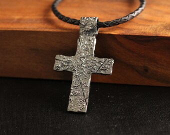 Dark Silver Cross Pendant, Men's Leather Necklace with Cross Pendant, Custom Cross Pendant, Textured Cross Pendant, Original Cross Pendant