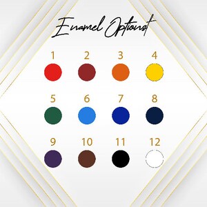 Puede incluir: Una carta de colores con doce opciones de esmalte, cada una representada por un peque&ntilde;o c&iacute;rculo s&oacute;lido. Los colores incluyen rojo, granate, naranja, amarillo, verde, azul, marino, negro, morado, marr&oacute;n, negro y blanco. El texto "Enamel Options".