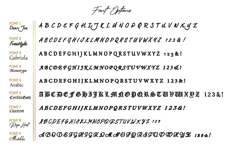 Puede incluir: Un fondo blanco muestra nueve opciones de fuente, cada una con un alfabeto de muestra y n&uacute;meros. Las fuentes incluyen Dear Joe, Freestyle, Gabriola, Monotype, Arabic, CyrillicGoth, Caxton, Rage Hent y Matilda. El texto "Font Options" est&aacute; en la parte superior.